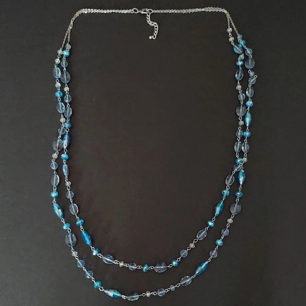 Long double strand blue beaded necklace